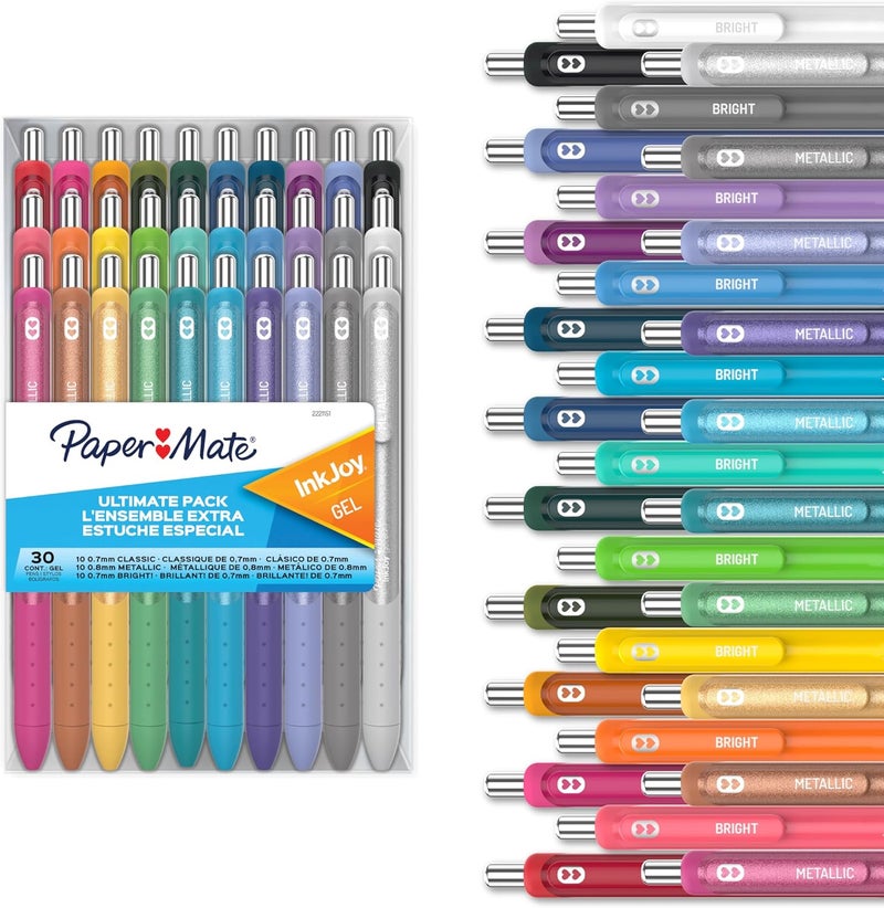 Papermate InkJoy Gel Pens Ultimate Pack,Retractable,Featuring Classic, Bright!, and Metallic Inks, Assorted, 30 Count - Perfect for Writing, Doodling, Bullet Journaling, Glitter, Sparkle, Writing Fun - Image 1